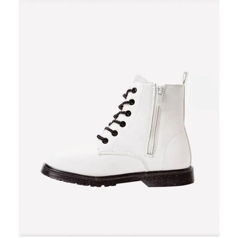 FabKids Girls White Combat Boots Black Glitter Soles Size 13